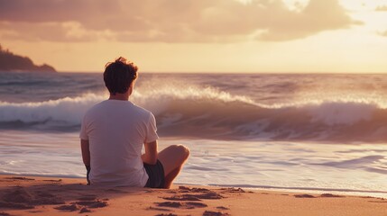 Fototapeta premium A man in a t-shirt and shorts sitting on a sandy beach, watching the waves crash in the distance