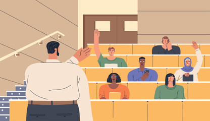 Students sit facing professor. Youth in lecture hall, academic education, yong modern people in university auditorium, vector illustration