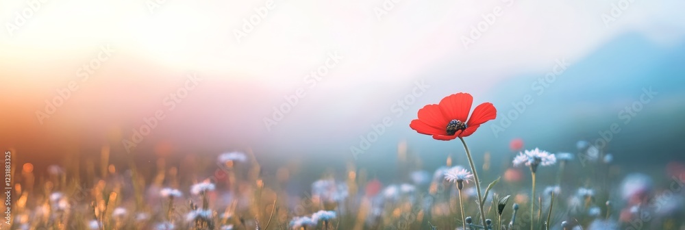 Poster red poppy flower blooming in a wildflower meadow with a warm sunset light and a soft bokeh effect in