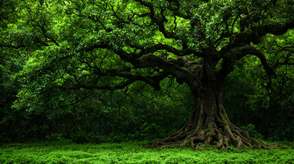 Ancient tree forest lush green nature background