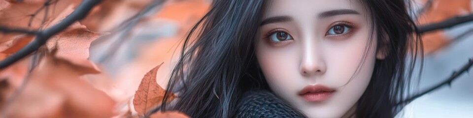 Naklejka premium A woman with long black hair wrapped in a scarf, great for use as a portrait or for representing mystery and intrigue
