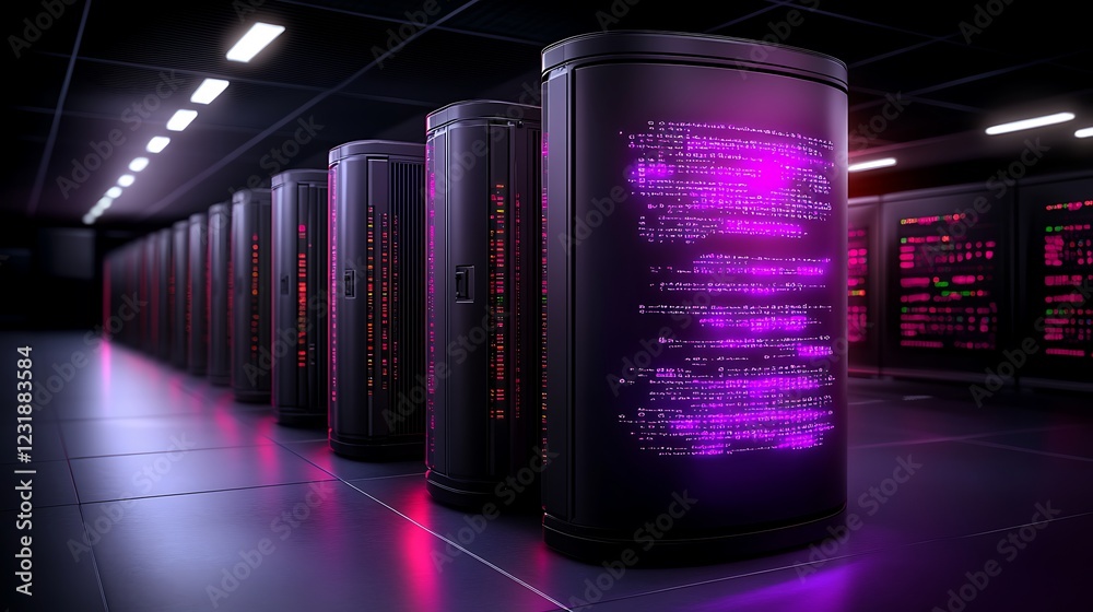 Poster illuminated server racks in a modern data center displaying code