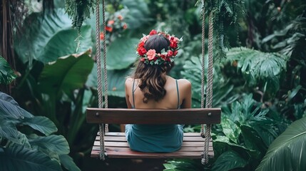 A person with a flower crown sitting on a wooden swing in a lush garden, surrounded by greenery