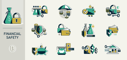 Financial safety vector detailed icons set, secured account and transaction, protected finance money.