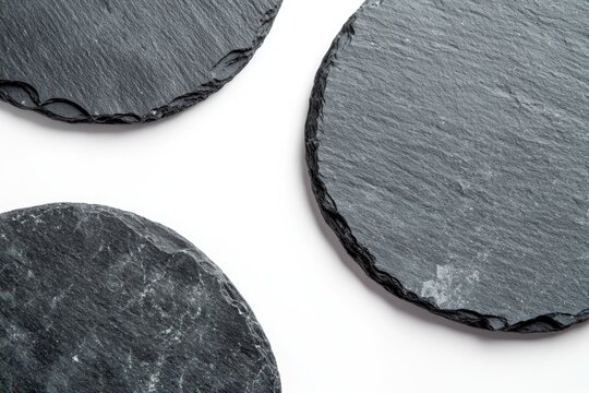 Close-up photo of three slate coasters arranged on a table