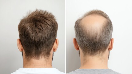 Comparison of male hair conditions from full to balding, two views focused on hair and scalp differences.