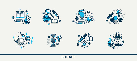 Science vector detailed icons set, physics and chemistry bundle, mathematics and geography study education.