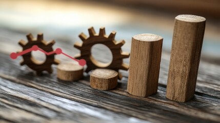 Business Growth Concept with Wooden Gears and Bar Graphs