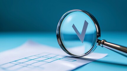 Magnifying Glass Focusing on Document with Check Mark on Blue Background
