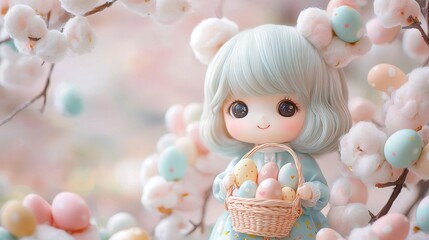 Fototapeta premium A cute, pastel-colored doll holds a basket of eggs, surrounded by fluffy blossoms, evoking a whimsical, springtime atmosphere.
