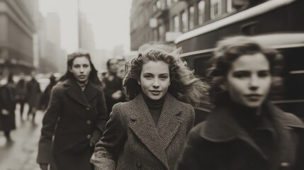 Retro charm of girls in coats strolling on bustling city streets