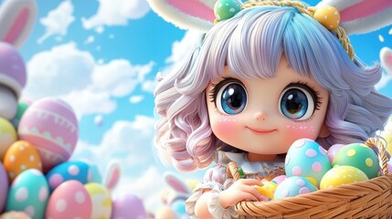 Fototapeta premium A cute doll with pastel hair smiles while holding a basket of colorful Easter eggs, set against a bright blue sky and fluffy clouds.