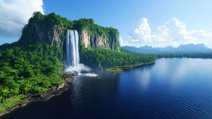 Fototapeta premium Lush Tropical Waterfall Cascading into a Calm Lake