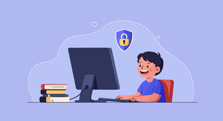 A happy young boy engages with educational content on a computer while ensuring online safety in a secure environment.