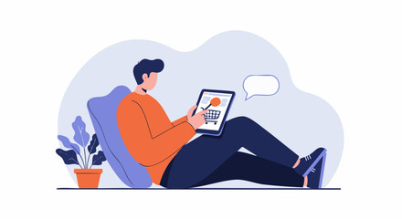 Illustrated man relaxing with a tablet, exploring online shopping in a cozy setting with minimalistic design elements.