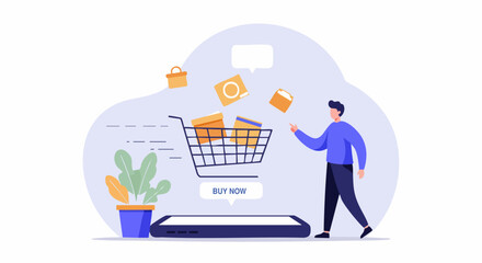 Illustration of online shopping with a man pointing at a digital cart filled with products, urging to 'Buy Now'.