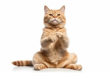 Fototapeta premium Playful ginger cat sitting and clapping its paws, isolated on a white background, looking upwards