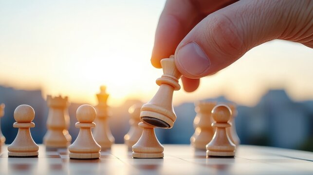 Chess match unfolds at sunset with strategic moves and anticipation