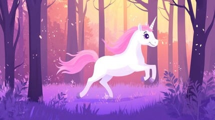 Unicorn gallops sunset forest, magical background, fantasy illustration