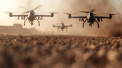Drones and helicopters soar in coordinated military operations at dusk