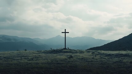 A tall cross with its base on the ground, standing in front of distant mountains
