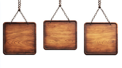 Cartoon set of wooden sign boards isolated on white background. Vector illustration of vintage brown frames hanging on iron chains. Blank template of saloon, bar or pub nameplate with wood texture