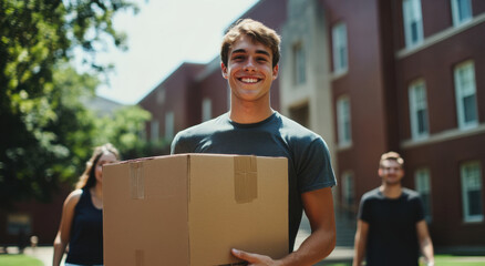 Young man enjoys helping friends move boxes on a sunny day near campus