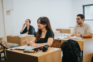 Fototapeta premium High school students focus on a lesson while seated at desks in a classroom setting. The image captures attentive expressions and an engaging learning environment.