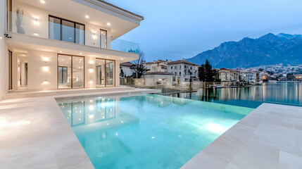 Fototapeta premium Modern villa pool, lake view, mountain background, luxury real estate