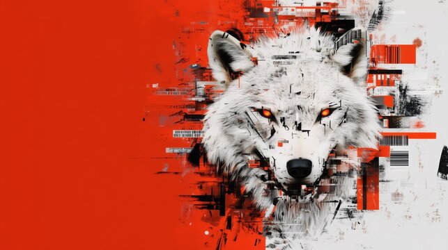 Cyberpunk Glitch Wolf with Futuristic Abstract Digital Art on Bold Red Background