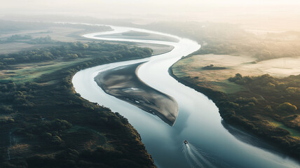 高所から見た蛇行する川と小さなボートのミニマルな構図