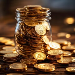 Jar Full of Golden Coins on Wooden Table with Sparkling Highlights