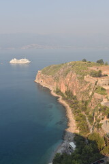 The views from the fortress overlooking the town of Nafplion and the Mediterranean Sea in Greece
