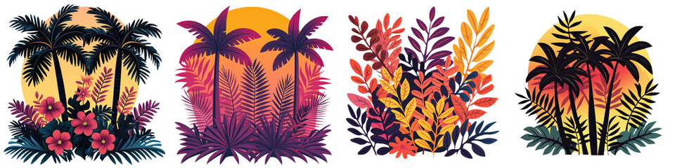 Breathtaking tropical landscape with silhouetted palm trees against a vibrant colorful sunset sky  Lush verdant foliage and flora create an exotic idyllic paradise scene