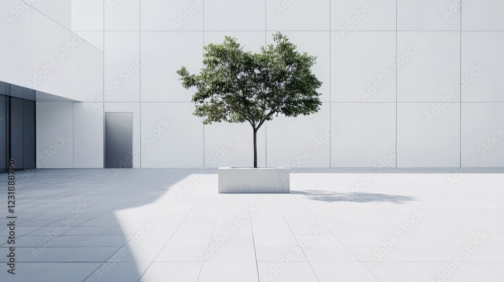 Leinwandbilder Small tree growing in a white rectangular pot is placed in the middle of a white tiled square of a modern minimalist building with large windows and a door