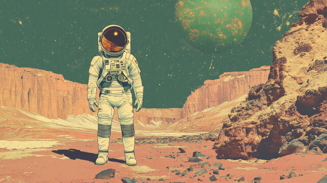 Space mars planet with cosmonaut and white flag landscape background. Alien in astronaut suit in extraterrestrial martian canyon desert 2d videogame mission illustration. Cosmoc green sky backdrop