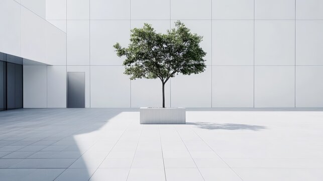 Small tree growing in a white rectangular pot is placed in the middle of a white tiled square of a modern minimalist building with large windows and a door