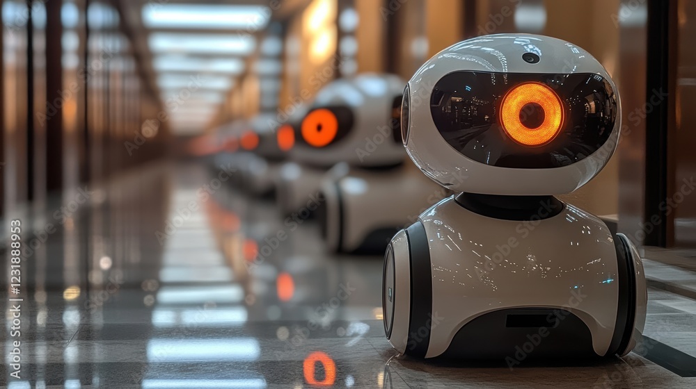 Fototapete A row of advanced robots with glowing features, showcasing technological innovation in a futuristic hallway, representing modern automation and efficiency.