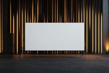 Blank projection screen on tripod in modern dark room with illuminated wood wall.