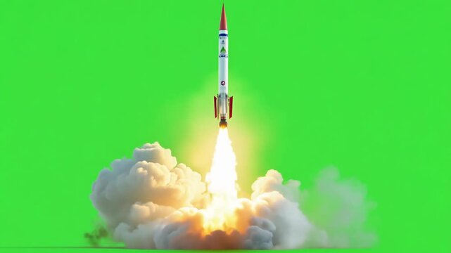 Rocket launching with bright flames and thick smoke on a green screen background,