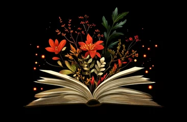 Glowing book with magical flowers illuminating a dark space at night
