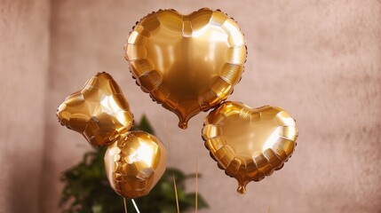 A bunch of golden balloons in the shape of a heart, perfect for romantic occasions or decorative purposes