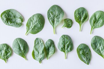 Obraz premium Fresh spinach leaves arranged on a clean white background