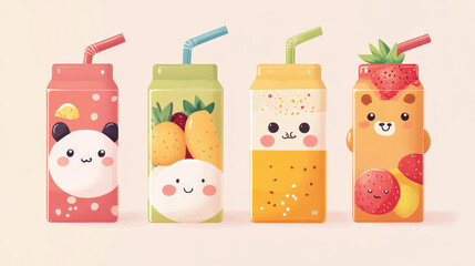 Kawaii style milk drink boxes set isolated on white background. Contemporary vector cartoon illustration of fruit dairy beverage in carton packages with cute animal characters, sweet Japanese cocktail