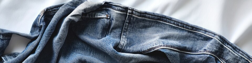 Naklejka premium A close-up view of a pair of jeans lying on a bed, great for use in still life or interior design photography