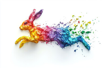 Rainbow-hued hare in mid-leap, paint texture, vibrant colors.