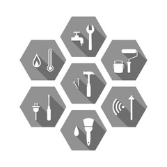 Work tools icon set in gray color. Grey tool icons isolated on white background.