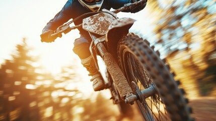 Motocross bike soars through the air at sunset with speed and style