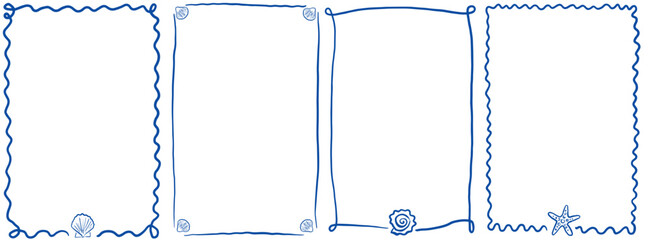 set of blue and white ocean navy vector frames with shells and starfish. whimsical hand drawn sketch frames for party wedding birthday. sea beach vibe frames isolated on transparent background © Karina