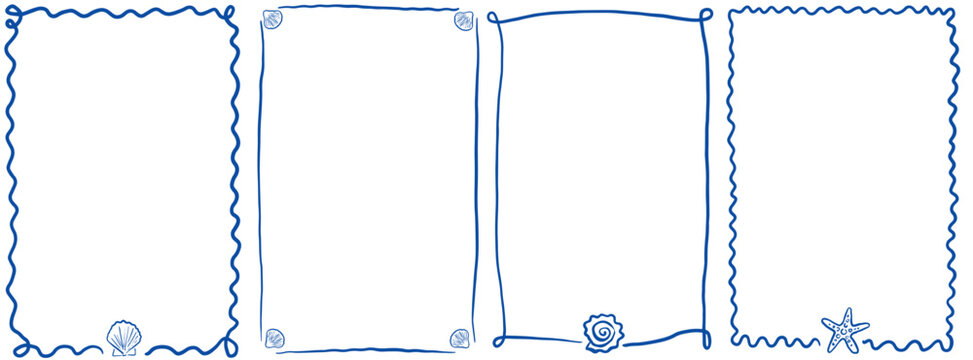 set of blue and white ocean navy vector frames with shells and starfish. whimsical hand drawn sketch frames for party wedding birthday. sea beach vibe frames isolated on transparent background